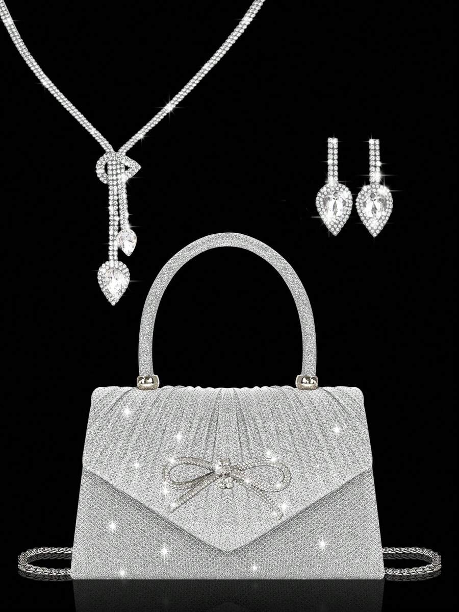Shiny And Elegant Mini Bow Women's Evening Bag, With Sparkling Rhinestone Jewelry Three Pieces Set,Simple And Fashionable Solid Color Pleated Flap Handbag, Suitable For Holiday Parties, Dances, Gatherings, Banquets, Weddings.It Is The Best Gift For The New Year.