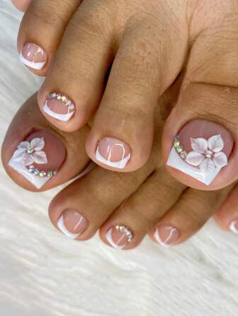 24Pcs Short Square White Toe Nails, 3D Flower Gradient Flash Rhinestone Nail Art Decorations Suit, Includes 1 Nail File & 1 Gel, Suitable For Women In Daily Life And Gatherings, Wedding Press On Nails Nail Supplies Nails