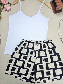 Plus Size G1 Sets Basic Simple Tank Top+Printed Shorts And Lios - 方形淺色+白背心 - 查看 1