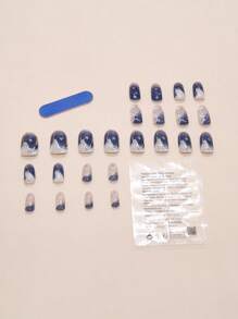 24 Pieces Of Medium Oval Fine Twinkle Star Moon French Sweet And Versatile Gentle Fake Fingernail Supplies Set Suitable For Girls To Wear Daily Work, 1 Nail File, A Jelly Glue