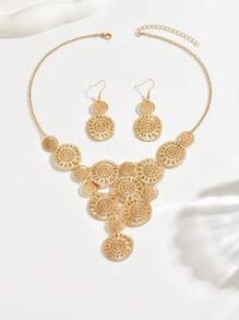 3pcs/Set Women's Stylish And Elegant Middle Eastern Pattern Hollow Geometric Design Round Earrings + Round Hollow Geometric Necklace, Casual And Chic, Suitable For Daily Wear And Gatherings