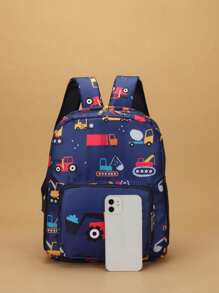 1pc Nylon Zipper Closure Fashion Cartoon Backpack, Unique Design With Adjustable Shoulder Straps, Cute Excavator Printed Pattern, Perfect Gift For Teenagers