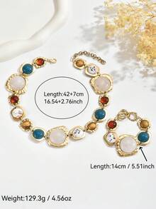 1 套 2 件复古夸张时尚不规则仿宝石项链和手链套装，巴洛克风格法式奢华几何项链和手链套装，金色/银色，适合女性日常、派对、活动佩戴（宝石颜色和位置随机） - 金色 - 查看 4
