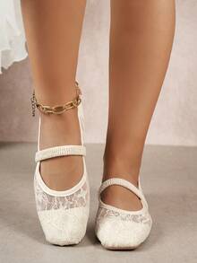 2025年秋季大码方头女鞋，时尚蕾丝玫瑰花设计户外休闲派对透气镂空平底乐福鞋，百搭，芭蕾平底鞋，玛丽珍鞋 - 白色 - 查看 3