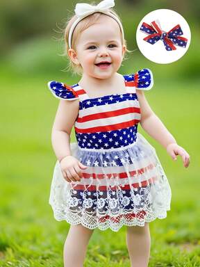 Conjunto de 2 piezas para niña bebé del 4 de julio con estampado de estrellas a rayas, vestido de encaje con mangas voladoras y diadema con lazo