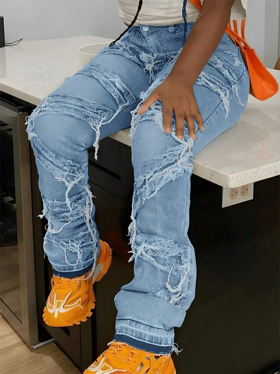Y2K 90s Streetwear Distressed Denim Jeans With Diagonal Pockets, Elastic, Frayed Hem & Unique Fringe Design, Suitable For Holidays, Festivals, Autumn - Women Casual - Blue and White - View 1