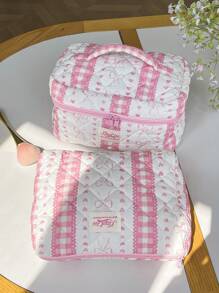 1 Piece Plaid Lace Quilted Pink Zipper Bag Sweet Style Large Capacity Bow&Love Portable Zipper Makeup Bags Fashionable Portable Makeup Bag, Multi-Functional Storage Bag For Lipstick, Sanitary Napkin, Coins, Keys Etc Women Skincare Organizer Bag Print Flower Makeup Organizer Storage Bag Graduation