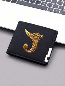 1pc Ultra-Thin Canvas Wallet With Gold Letter And Angel Wing Design - Black Zipper Coin Purse, Fashionable Daily Card And Small Change Holder - Black - View 14
