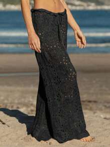 Fisoew Women's Sexy Crochet Beach Pants - Sheer Mesh Coverup With Adjustable Drawstring, Y2K Boho Aesthetic, Wide Leg Palazzo Pants, Hot Girl Summer, Plus Size Available, Resort Wear, Vacation Outfits