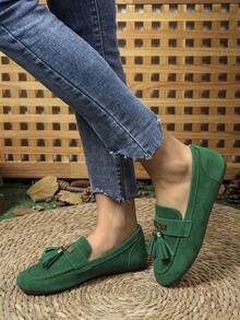 女式平底流苏乐福鞋，2025年新款纯色绒面革蝴蝶结软底一脚蹬平底女鞋 - 綠色 - 查看 5