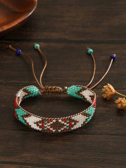 Handmade Beaded Bracelet, Boho Style Braided Beaded Bracelet, Vintage Multi-Color Mixed Beads Woven Bracelet For Women, Fashionable Beaded Bracelet, Retro Style Woven Bracelet, Versatile For Daily, Vacation, Gift Giving