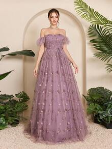 1pc Off-Shoulder Lace Ruffles Wedding Dress With Embroidery & Tie Decoration - Dusty Purple - View 6