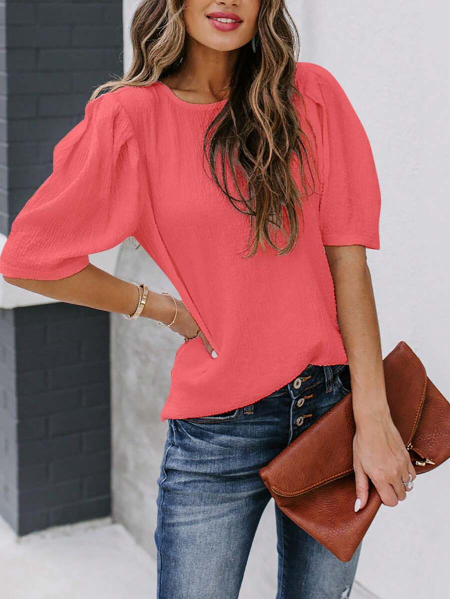 Women's Solid Color Short Sleeve Shirt, Casual Round Neck Blouse, Fashionable Petal Sleeve Shirt For Summer