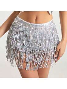 Outfits Belly Dance Glitter Sequins Tassel Skirts, Fashionable Dancing Waist Belt Skirts For Bellydance