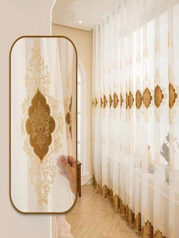 1 pièce Rideau transparent de style européen luxueux avec broderie de dentelle, design élégant convenant pour le salon et la chambre à coucher