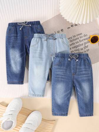 3pcs Baby Boy Comfortable Casual Denim Jeans, Spring Autumn Street Style Sports Wear, Multiple Colors Wide Leg Loose Fit Pants
