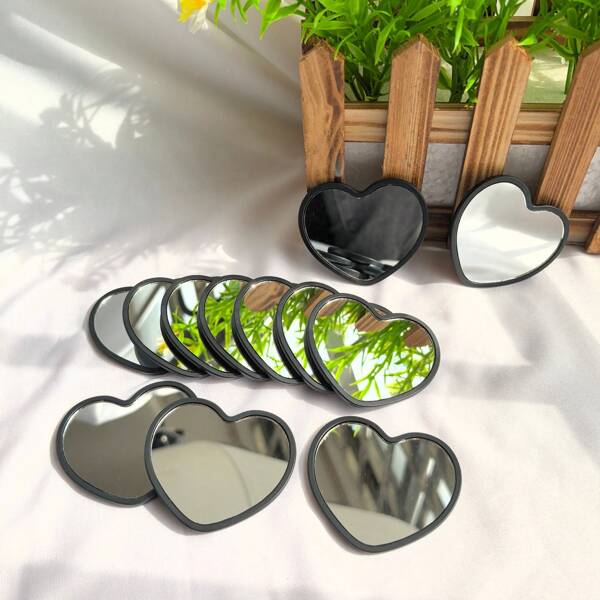 Heart Shaped Mini Mirror, Polished Surface, Plastic Frame, Tabletop Mounting, Fragrance-Free, Floral Theme, Portable, No Electricity Required, Glass Surface - Pink/White/Black Options