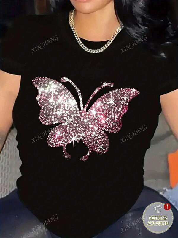 Camiseta informal de talla grande de verano con diseño de mariposa con strass falsos