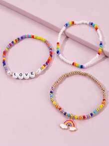 LOVE Letter Beaded Bracelet Set Rainbow Charm Jewelry Three Pieces Boho Hand Chain Gift For Women Girls