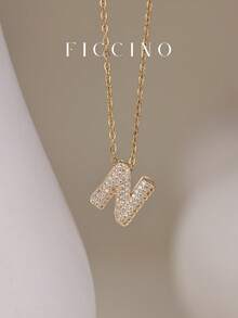 Dây chuyền mặt chữ cái Cubic Zirconia cổ điển FICCINO, Dây chuyền chữ cái mạ vàng bằng thép không gỉ Titanium, Vòng cổ choker All-Match hàng ngày, Hộp quà tặng, Quà kỷ niệm - 1556n - Xem 10