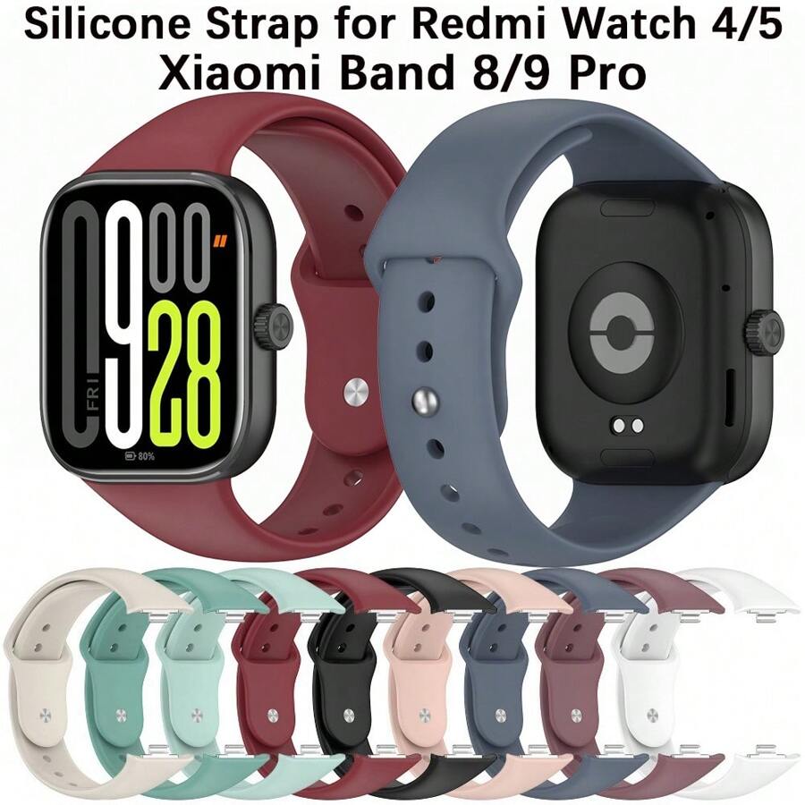Weicher, komfortabler Silikonarmband kompatibel mit Redmi Watch 4/5 mit Metallstecker, einfarbig, kompatibel mit Xiaomi Band 8 Pro/9 Pro, Ersatz-Armband