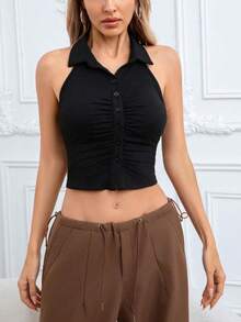 2025 New European & American Stylish Women Plain Color Summer Turndown Collar Pleated Design Single-Breasted Sleeveless Casual Tank Top - Black - View 7