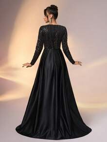 YISIKADO Đầm dạ hội trang trọng dành cho nữ, đầm dài tay sang trọng đính sequin và satin màu đen, thích hợp cho đám cưới, tiệc mùa xuân. - màu đen - Xem 3