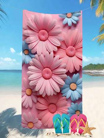 1 Piece 250GSM Creative Pink Chrysanthemum Printed Beach Towel, Super Absorbent Swimming Pool Towel, Extra Large Beach Blanket, Ultra-Fine Quick-Drying Swimming Towel, Suitable For Traveling, Swimming Pool, Diving, Surfing, Yoga, Camping, Beach Essential Summer Travel, Vacation Holiday Bathroom Decor Beach Essentials
