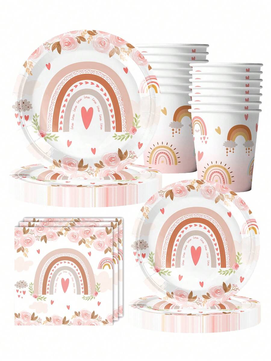 Juego de vajilla de 10 piezas con platos y servilletas de colores bohemios y arcoíris rosados para fiestas de cumpleaños, incluye platos de papel de 7 pulg/9 pulg, vasos de papel de 9 oz - Multicolor - Ver 1