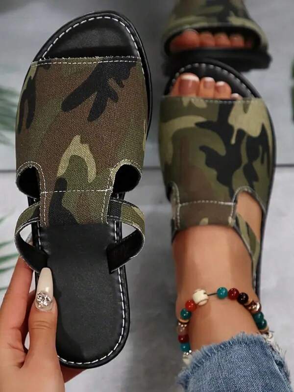 New Plus Size Women Comfortable Simple Round Toe Color Block Sandals Flat Casual Slippers Vacation Beach Summer Shoes
