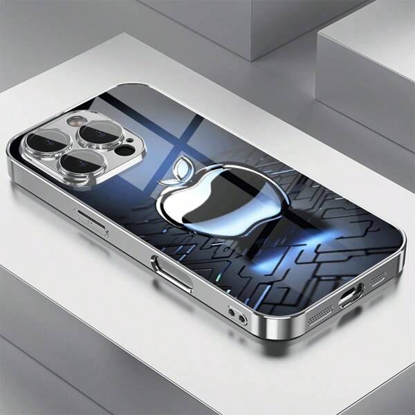 1 pièce Étui de téléphone portable de luxe en verre avec motif de pomme noire 3D, compatible pour