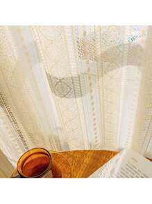 1pc Hanging French Retro Crochet Lace Sheer Curtain, Bohemian American Style Window Curtain