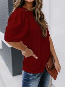 Women's Solid Short Sleeve Blouse Summer Crew Neck Casual Tops Fashion Puffed Sleeve Shirt
