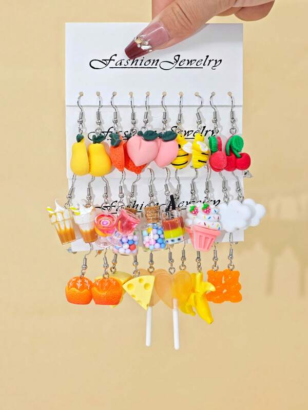 10 pièces/12 pièces/32 pièces Nouveau set de boucles d'oreilles en résine acrylique avec motifs mignons de nourriture et d'animaux, style dopamine pour femmes. Pendentifs en forme de crème glacée, abeille, cerise, fromage, orange