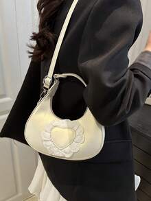 1pc Zipper Closure Solid Color PU Woven Handbag, Vintage Fashion Versatile Crescent Moon Shaped Shoulder Crossbody Bag, Suitable For Women Dating, Daily Use, And Gift - White - View 3