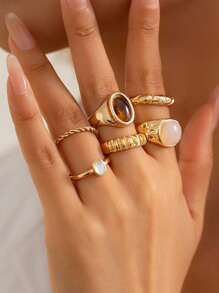 6pcs/Set Retro Baroque Style Colorful Faux Gem Rings, Suitable For Daily Wear, Gatherings, Parties, Holidays, Gift
