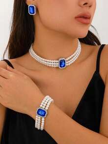 4 件套奢华时尚水晶镶嵌多层仿珍珠项链和手链、宝石耳环、优雅女士新娘首饰套装 - 彩色 - 查看 18