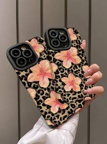 1 Stück pinke Blumen Leoprint Kunstleder Schutzhülle kompatibel mit 16/16 Plus/16 Pro/16 Pro Max