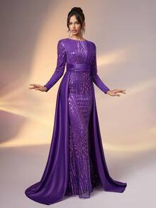 YISIKADO Women's Formal Ball Gown Luxurious Elegant Sequin Contrast Satin Long Sleeve Dress - 紫色 - 查看 3
