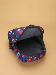 1pc Nylon Zipper Closure Fashion Cartoon Backpack, Unique Design With Adjustable Shoulder Straps, Cute Excavator Printed Pattern, Perfect Gift For Teenagers