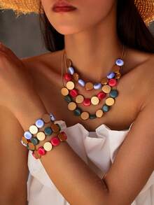 1pc Handmade Geometric Ceramic & Metal Beaded Necklace With Elastic Rope Chain, Inspired By Ins-Style - Dot Blue Ceramic NK - View 1