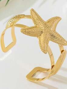 Gold Star Fish & Shell Shaped Hollow 2-Layer Adjustable Bangle, Minimalist Seaside Beach Style - Starfish Shell Bracelet - View 7