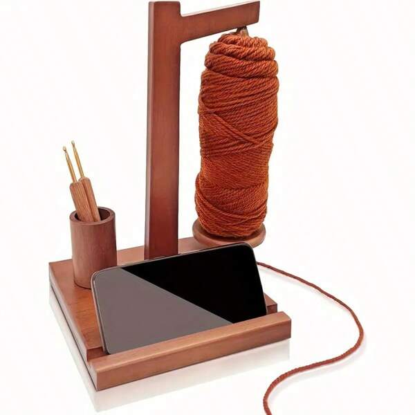 AAMTE 1pc Wooden Crochet Tool Set With Rotating Yarn Holder And Phone Stand - Multifunctional Hand Woven Yarn Storage For Knitting And Crafting, Ideal Gift For Crafting Enthusiasts