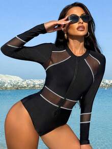 Traje de baño de una pieza de malla con cremallera y manga larga para mujer ,costuras con puntada de seguridad,para surf y verano,Trajes de surf de una pieza en colores sólidos - Rosa - Ver 3