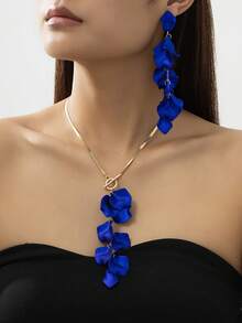 2pcs/Set Conjunto de Collar Largo y Pendientes Elegantes y de Moda con Pétalos de Rosa, Conjunto de Joyas para Mujer Adecuado para Uso Diario, Fiesta, Vacaciones, Graduación, Baile de Prom, Regalo para Amigos - Azul - Ver 14