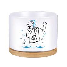 1pc DJ Ceramic Planter With Bamboo Tray (3.6"X2.6"), Succulent Planter, DJ Theme: Vinyl Record Turning, Musical Notes Flying, Headphones Playing Music, Planter Gift, Yard Decor, Desktop Decor