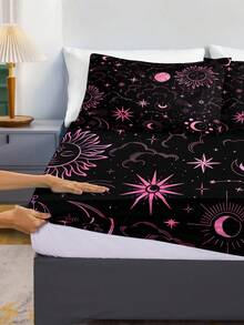 3pcs Galaxy & Cosmos Themed Bedding Set (1 Fitted Sheet + 2 Pillowcases, Pillow Not Included), Ultra-Soft Microfiber Fabric, Suitable For All Seasons, Mysterious Starry Sky Decor