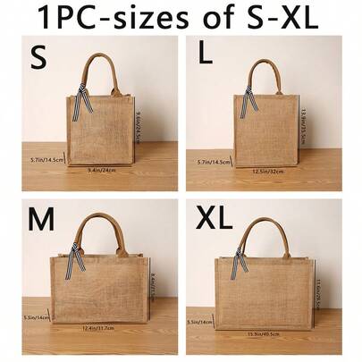 1个纯色复古亚麻大容量女士手提包，可重复使用，适合日常使用、购物、聚会等场合。