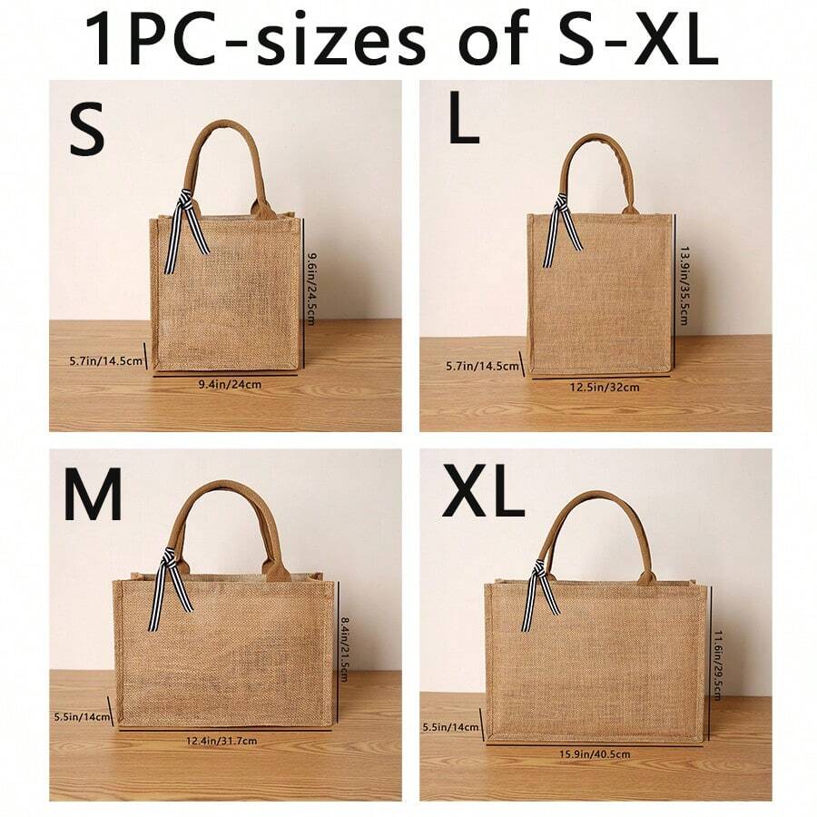 1 pièce Sac à main femme en lin de couleur unie rétro, grande capacité, réutilisable pour un usage quotidien, les courses, les rassemblements - Kaki - Voir 1