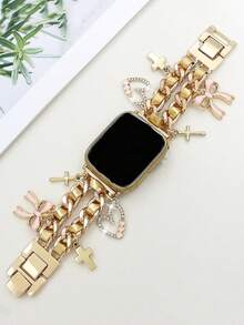 1 件时尚蝴蝶结水钻心形十字架吊坠皮革包裹合金手链金色表带兼容 表带 38/40/41/42/44/45/46/49 毫米，奢华闪亮金属表带兼容 Series 11 Ultra 3 SE3 Ultra 2 S10 SE2 9 8 7 SE 6 5 4 3 2 1，优雅女士替换腕带适合日常佩戴、生日或母亲节礼物